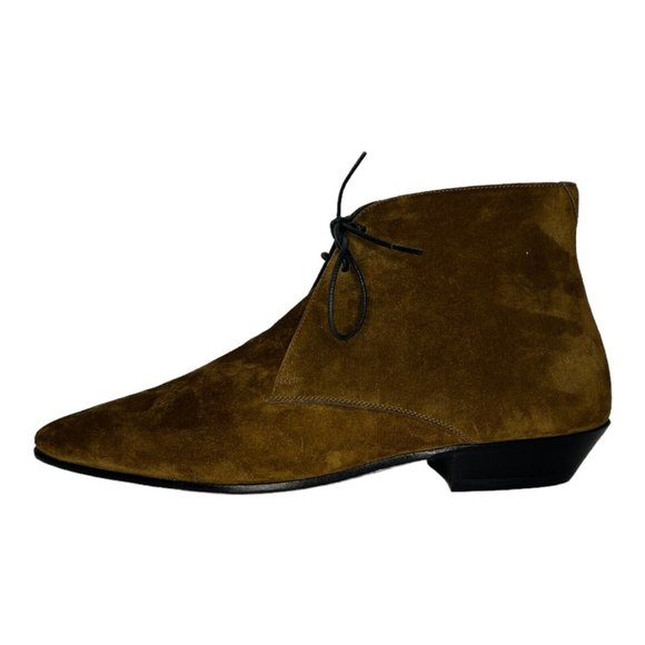 $950 Saint Laurent Jonas 25 Lace Up Boot size 37 Golden Brown 1" Low Flat Heel - Picture 1 of 9